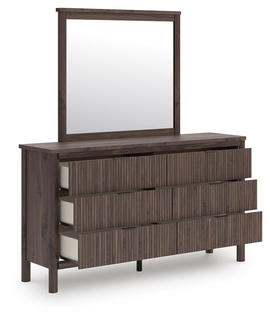 Cadmori King Upholstered Panel Bed, Dresser, Mirror and Nightstand