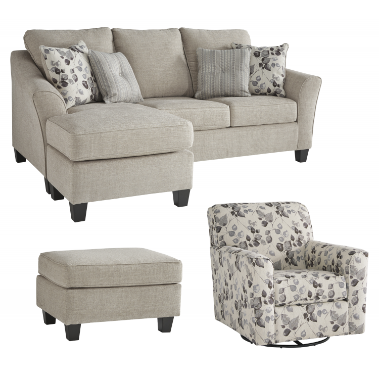 Abney Sofa Chaise, Swivel Accent Chair and Ottoman