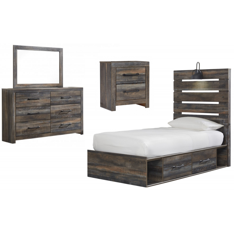 Drystan 4pc Twin Panel Bed Set with 4 Storage Drawers